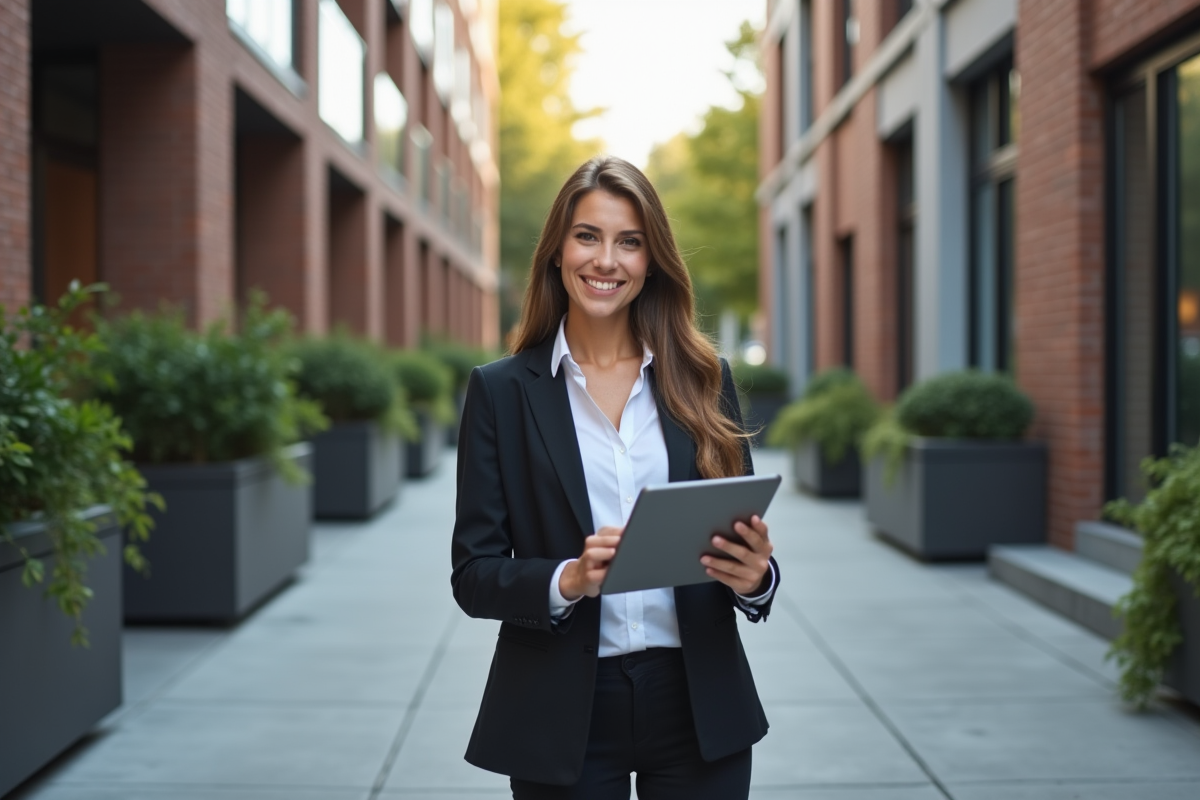 Jeune femme professionnelle tenant une tablette avec analyses immobilières en ville
