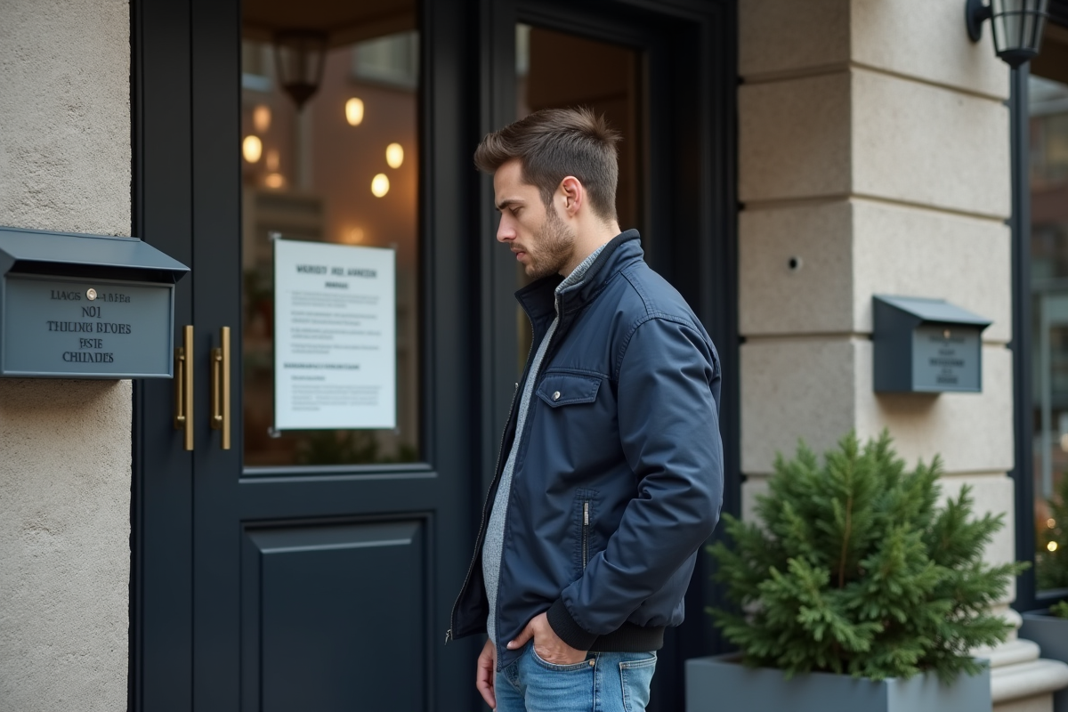 Jeune homme regardant une affiche dans une entrée d