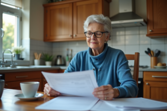 Femme retraitée lisant ses papiers dans la cuisine