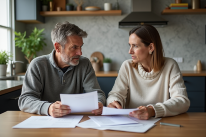 Couple discutant de documents de prêt immobilier à la maison