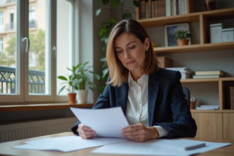 Femme d'affaires française examine un contrat de location