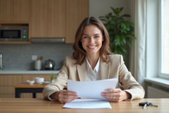 Femme souriante vérifiant un contrat de location dans un appartement lumineux