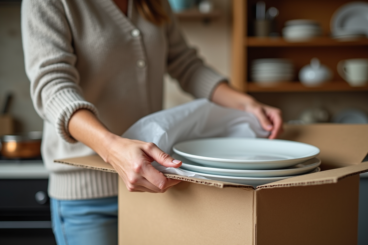 Femme emballant des assiettes en cuisine moderne