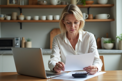 Femme d'âge moyen examine des documents immobiliers dans une cuisine moderne