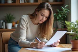 Jeune femme examine un contrat de location à la maison
