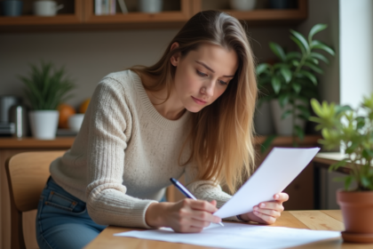 Jeune femme examine un contrat de location à la maison