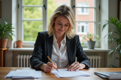 Femme en blouse et blazer examine documents de prêt immobilier
