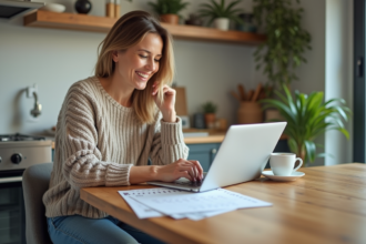 Femme organisée vérifiant calendrier location dans son appartement