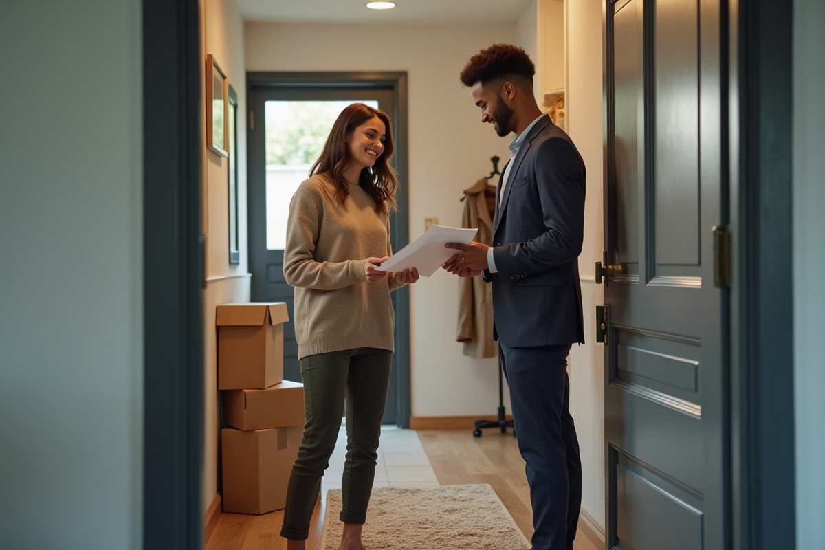 Femme souriante remettant des documents à un déménageur