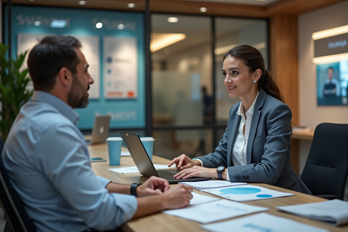 Homme discutant avec conseiller bancaire dans une agence moderne