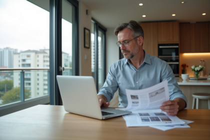 Homme d'âge moyen étudiant des rapports immobiliers dans une cuisine lumineuse