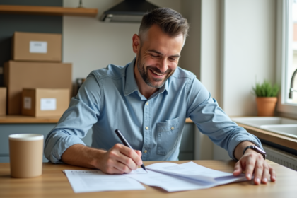 Homme examinant des factures de déménagement dans une cuisine
