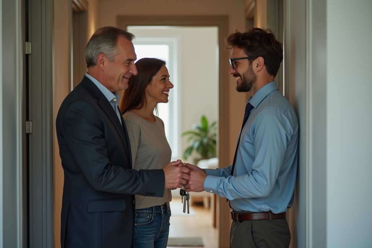 Homme remet des clés à un couple dans un hall moderne