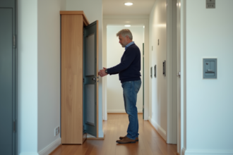 Homme d'âge moyen coupant le disjoncteur dans un appartement