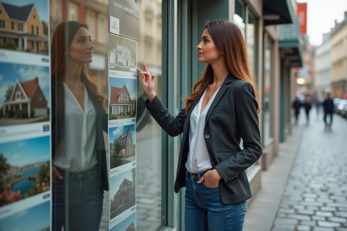 Jeune femme regardant des annonces immobilières devant une vitrine urbaine