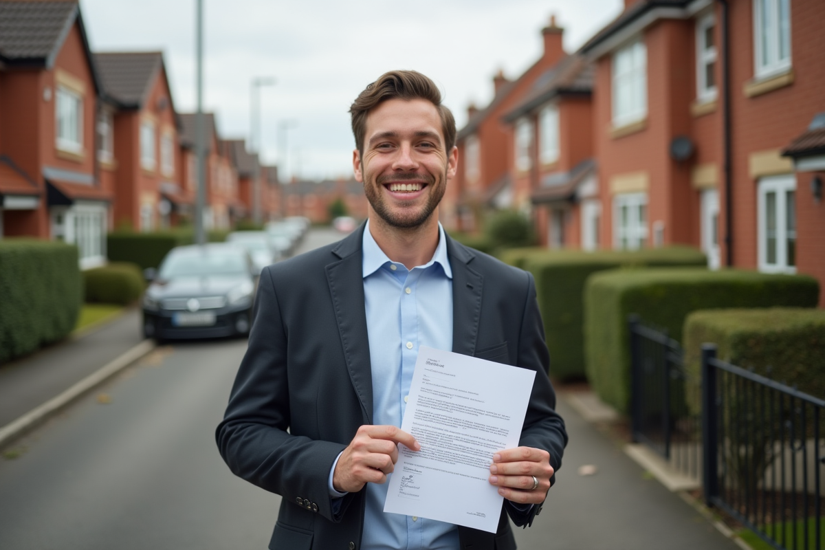 Jeune homme souriant devant sa maison avec lettre de prêt