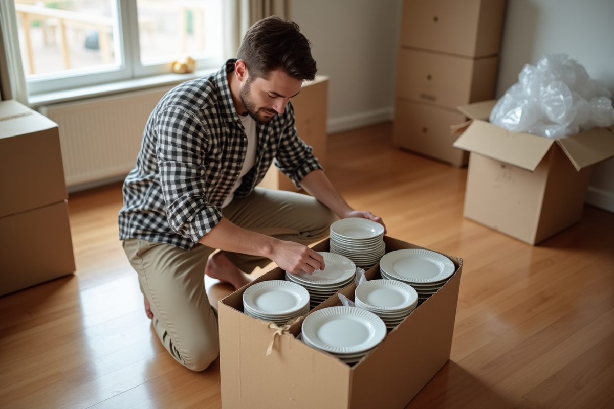 Jeune homme scellant une boîte de vaisselle propre