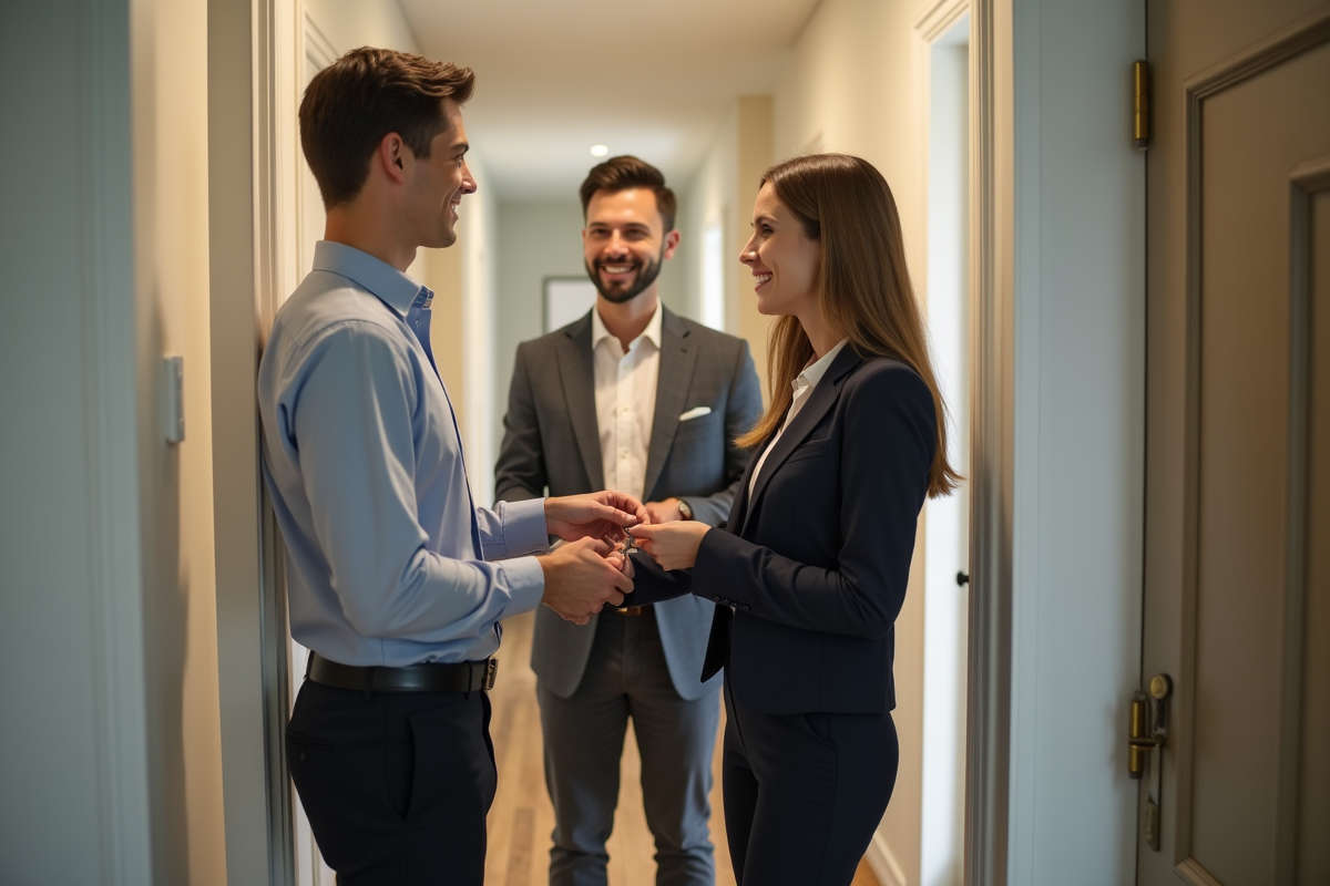 Jeune homme donnant les clés à un couple dans un couloir d