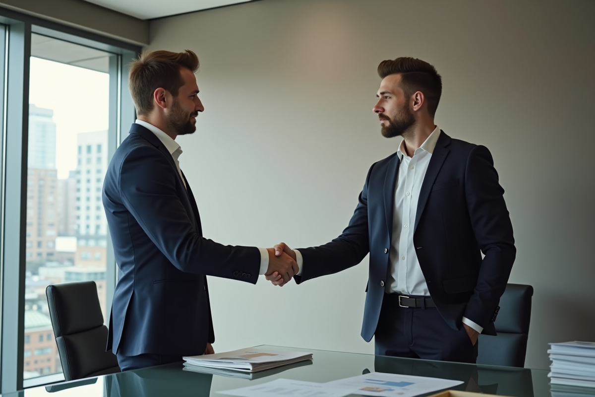 Homme professionnel et agent immobilier se serrant la main dans un bureau moderne