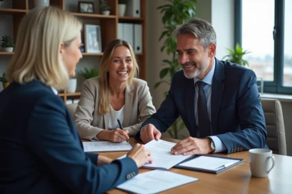 Agent immobilier en costume avec senior lors d'une signature