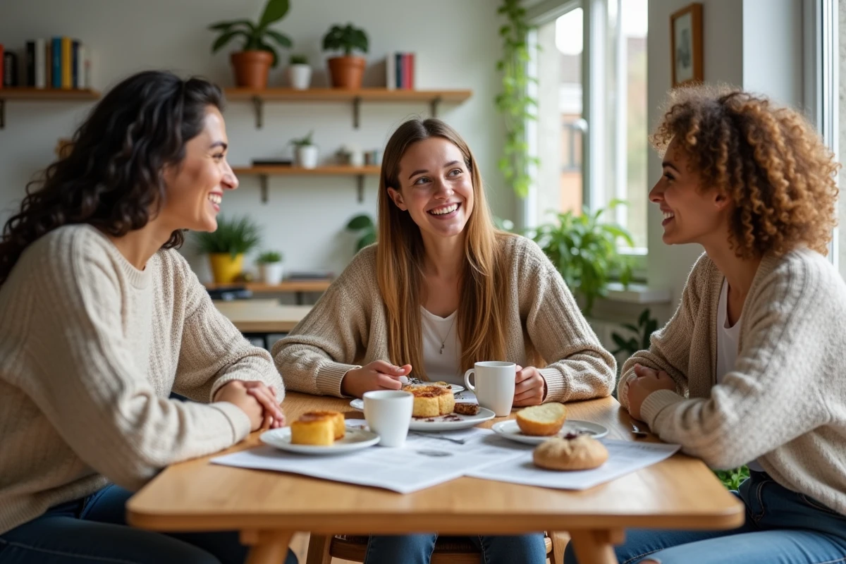 Trois adultes souriants autour d'une table de cuisine lumineuse