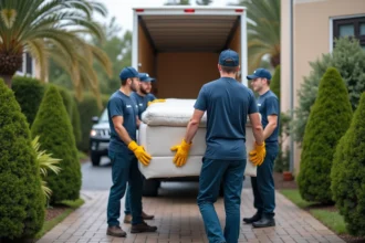 Groupe de déménageurs professionnels portant uniformes lors d'un déménagement