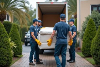 Groupe de déménageurs professionnels portant uniformes lors d'un déménagement
