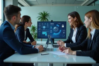 Equipe de professionnels analysant un tableau de bord de securite