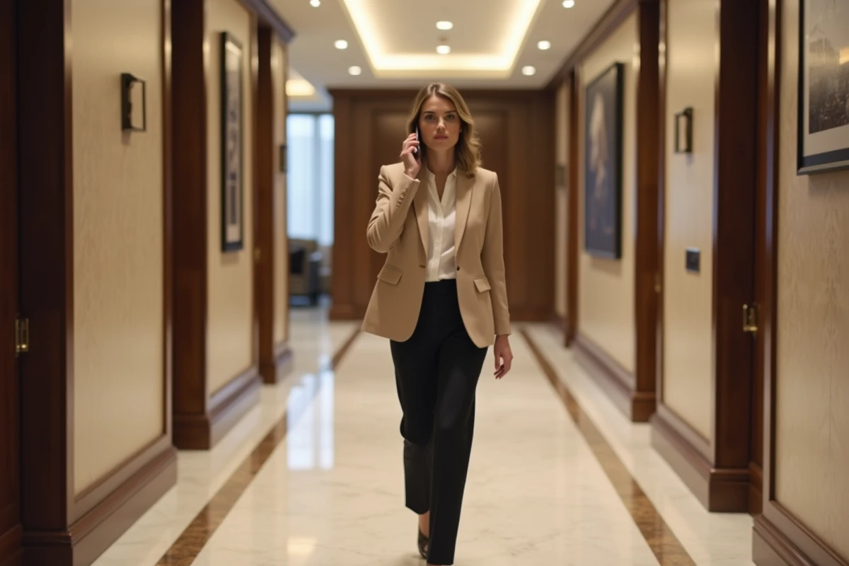 Femme en blazer beige marchant dans un couloir d