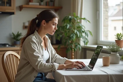 Femme assise à la maison naviguant sur un site immobilier