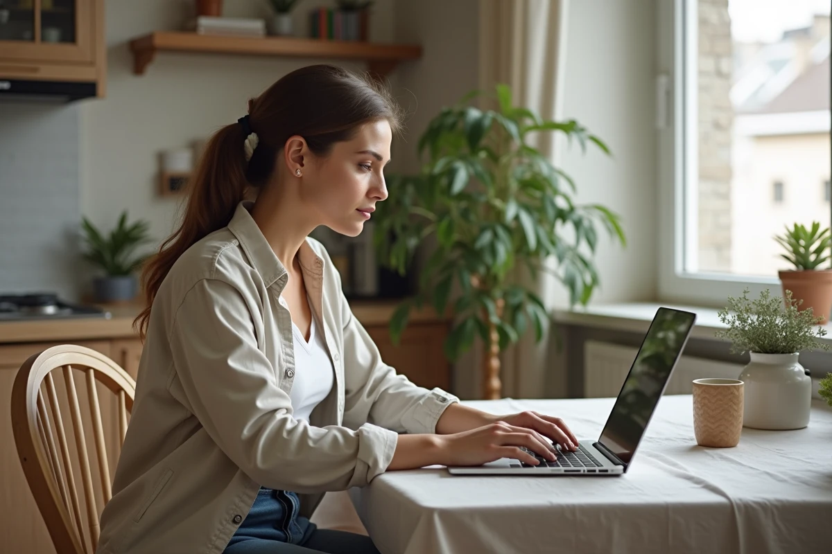 Femme assise à la maison naviguant sur un site immobilier