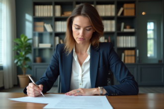 Femme professionnelle en blazer bleu examine documents de prêt immobilier