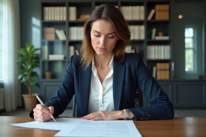 Femme professionnelle en blazer bleu examine documents de prêt immobilier