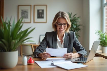 Femme d'affaires examine ses reçus et son ordinateur