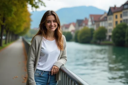 Jeune femme souriante au bord de l'Isère à Grenoble