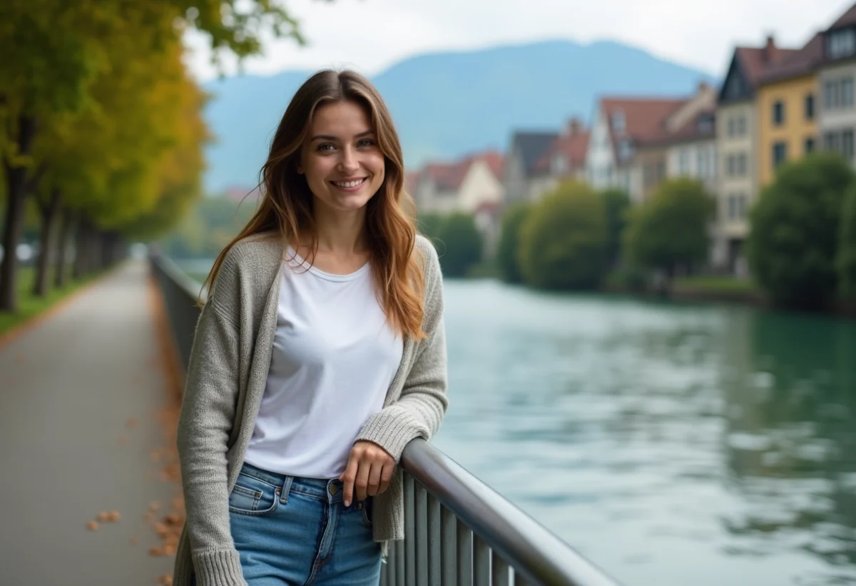 Jeune femme souriante au bord de l'Isère à Grenoble