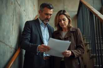 Gestionnaire immobilier et femme dans un escalier d'immeuble