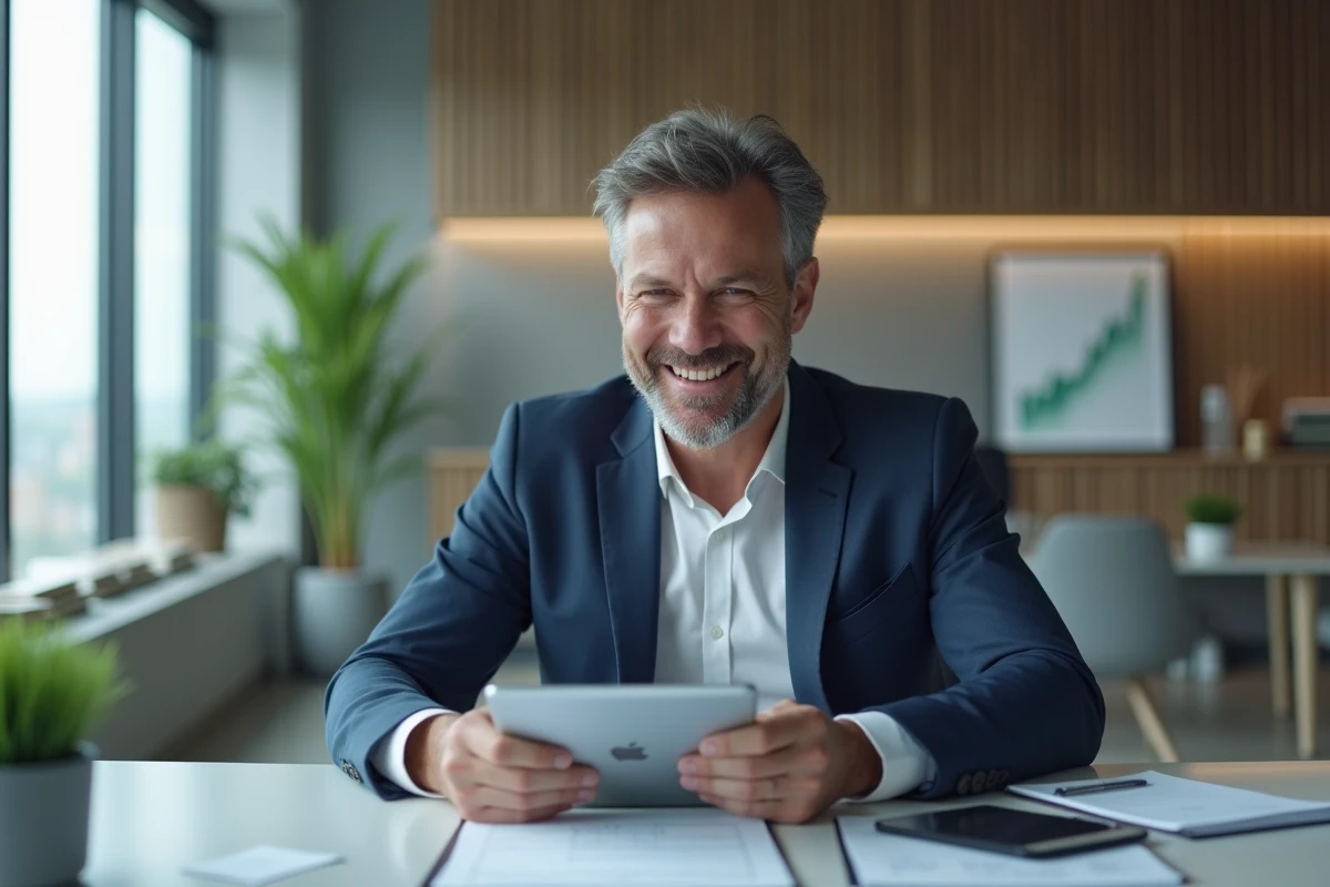 Manager immobilier homme en costume bleu dans un bureau lumineux