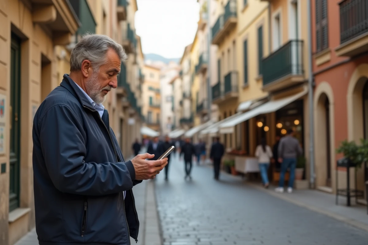 Homme dans la rue compare son smartphone à l environnement