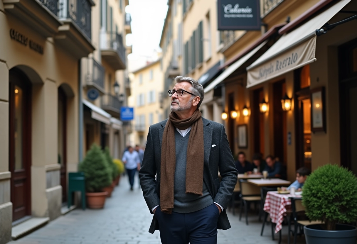 Homme en blazer dans une rue pavée de Grenoble