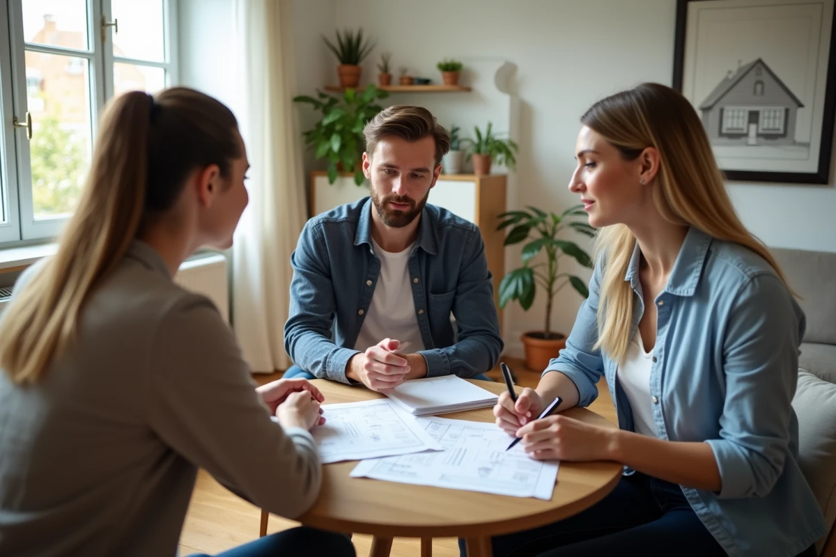 Jeune couple discutant avec agent immobilier dans salon lumineux