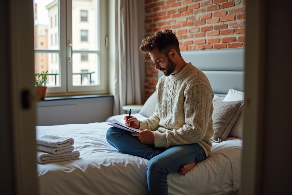 Jeune homme note ses dépenses dans une chambre Airbnb