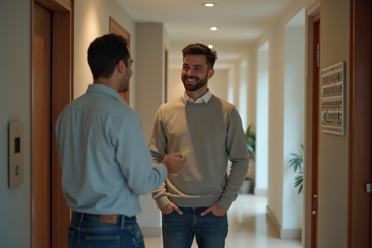 Jeune homme remettant des clés à un gestionnaire immobilier