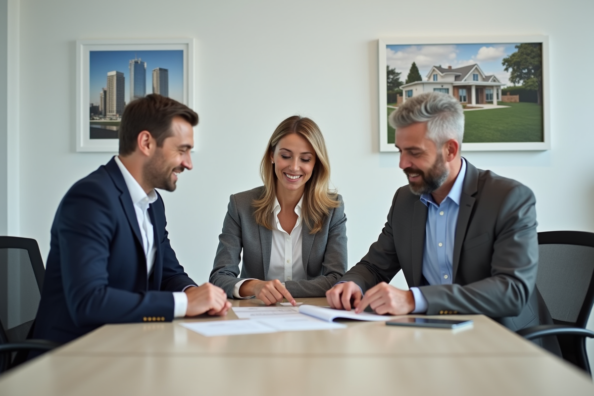 Homme et femme discutant avec conseiller immobilier dans une banque