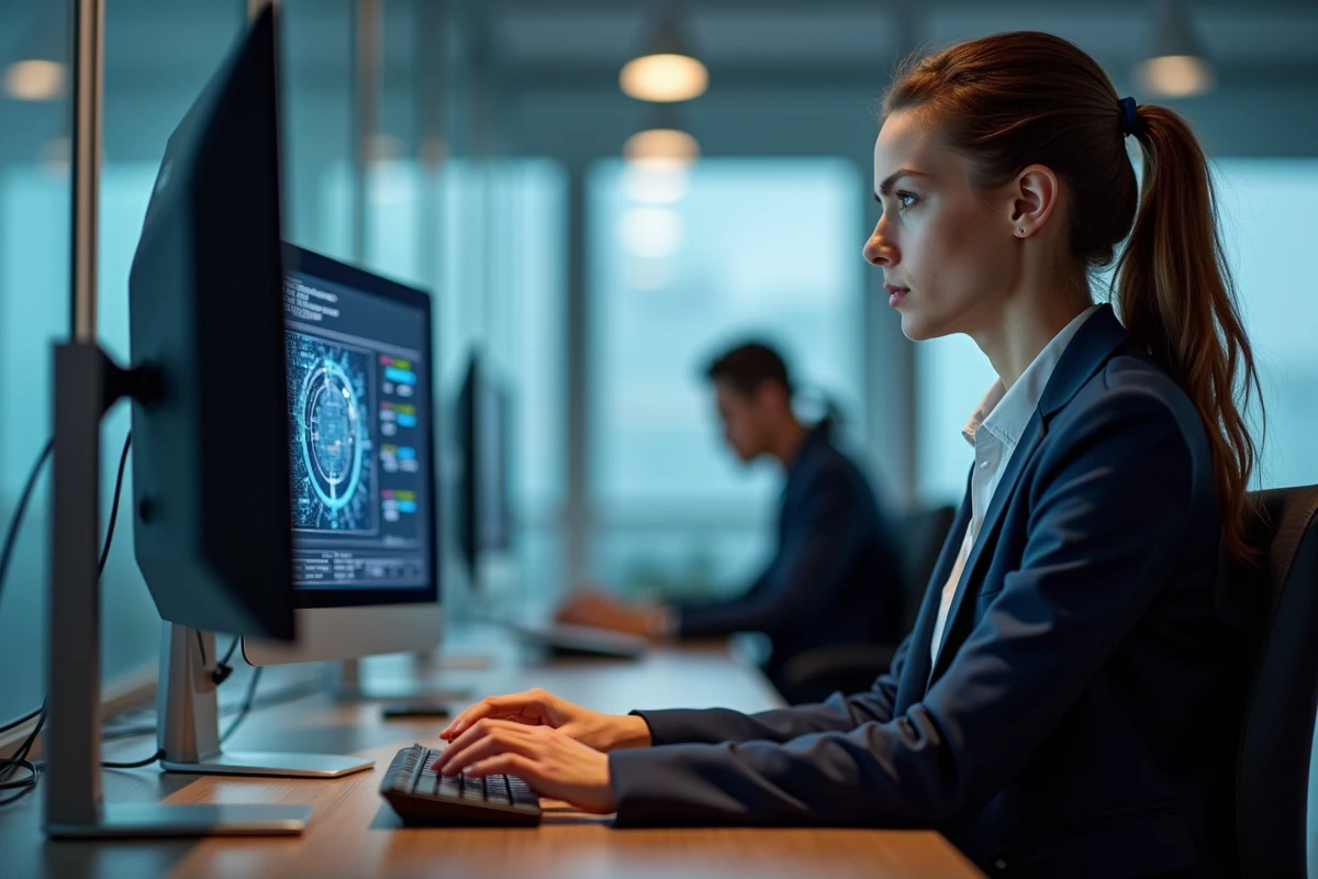 Jeune femme informatique travaillant sur son ordinateur en entreprise