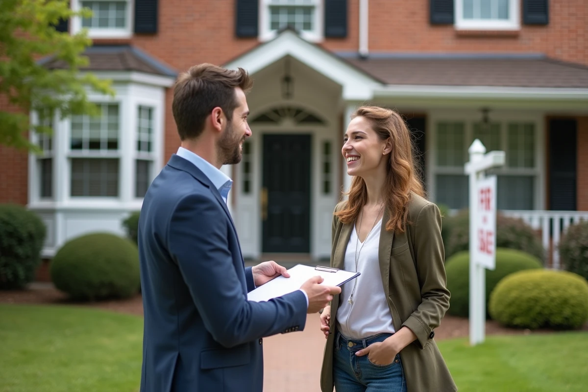 Agent immobilier remettant un contrat à une jeune femme devant une maison
