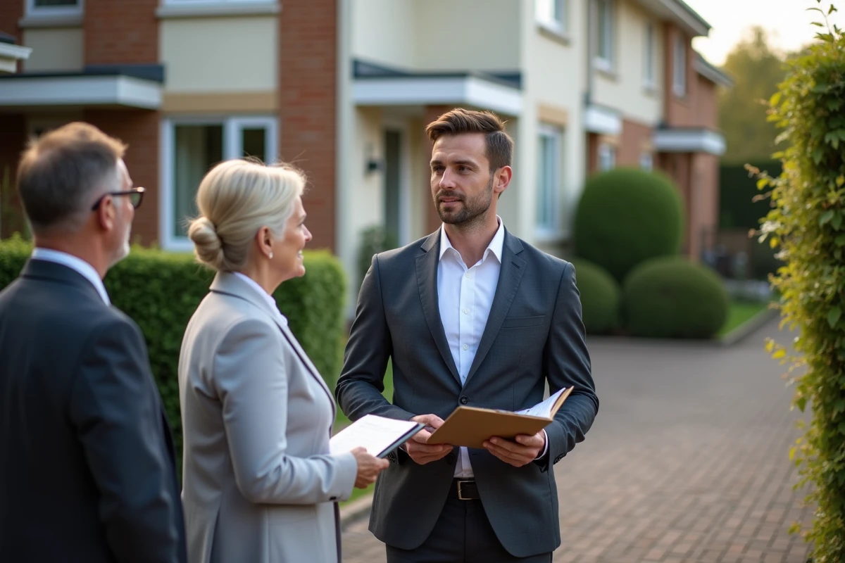 Agent immobilier discutant avec un couple devant une maison