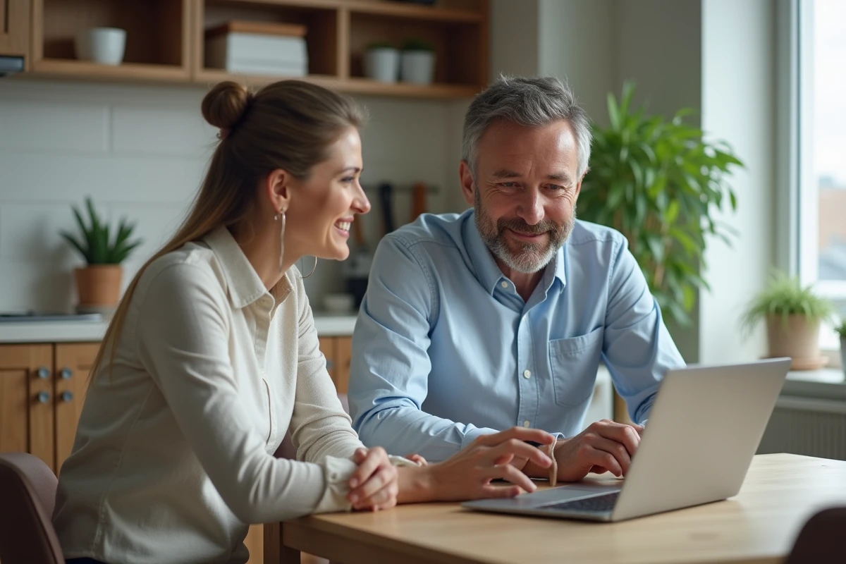 Couple d'adultes discutant à la cuisine moderne
