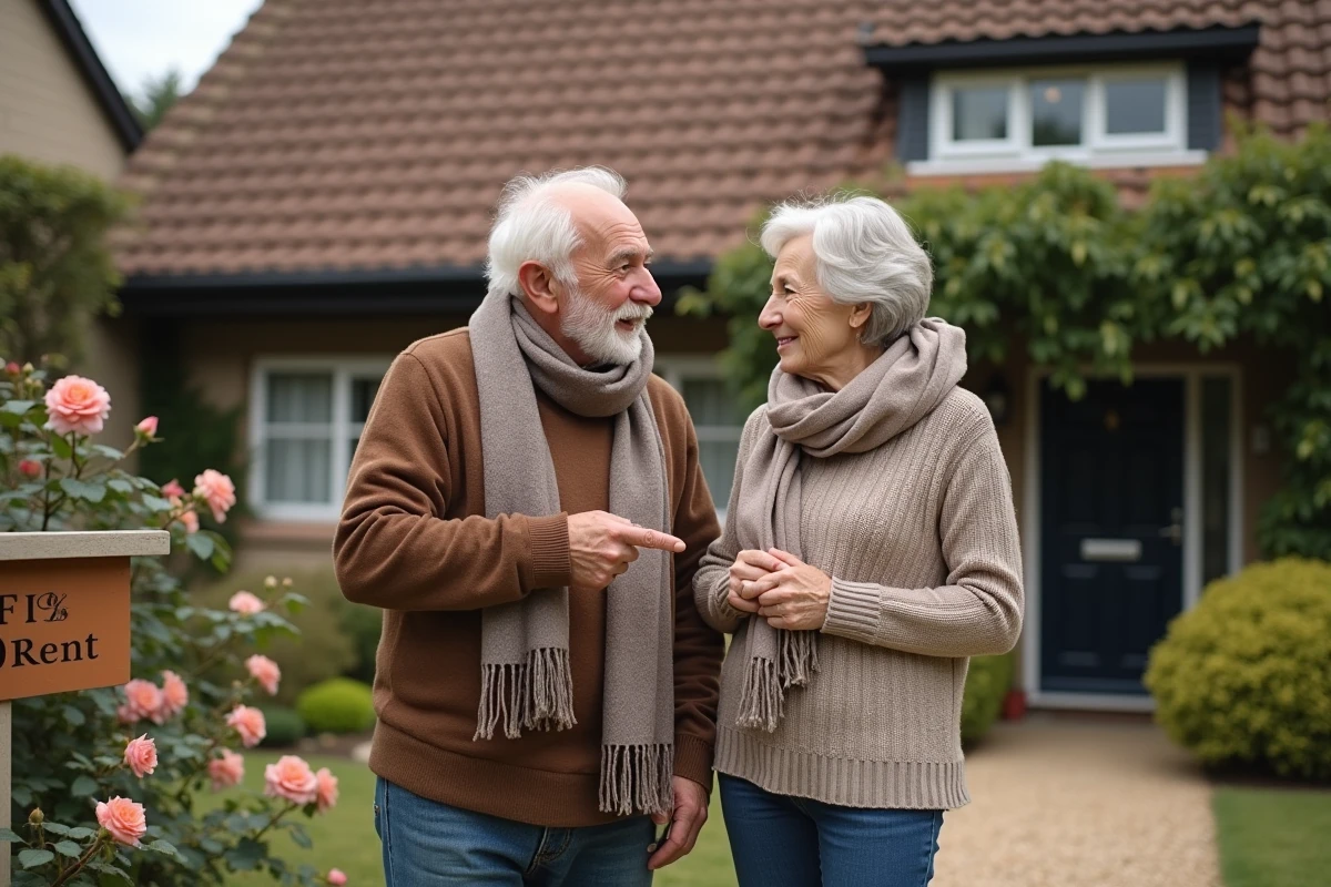 Couple discutant devant une maison à louer dans le jardin