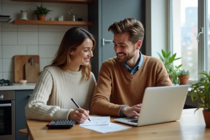 Jeune couple discutant finances dans un appartement moderne